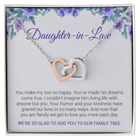 To My Daughter In Law | We're So Glad To Add You To Our Family Tree - Interlocking Hearts Necklace