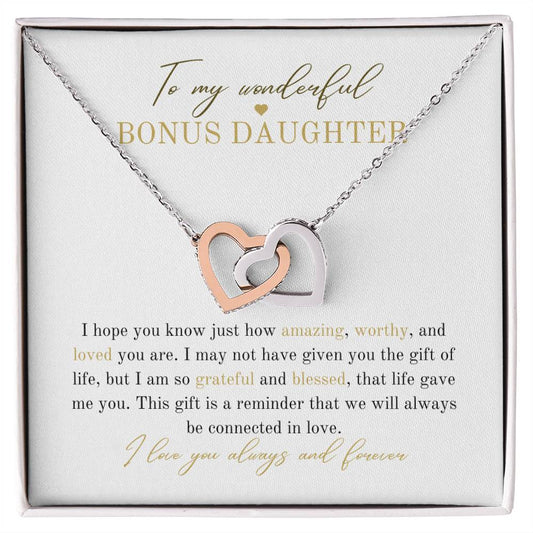 Wonderful Bonus Daughter |Love You Always and Forever | Interlocking Hearts Necklace